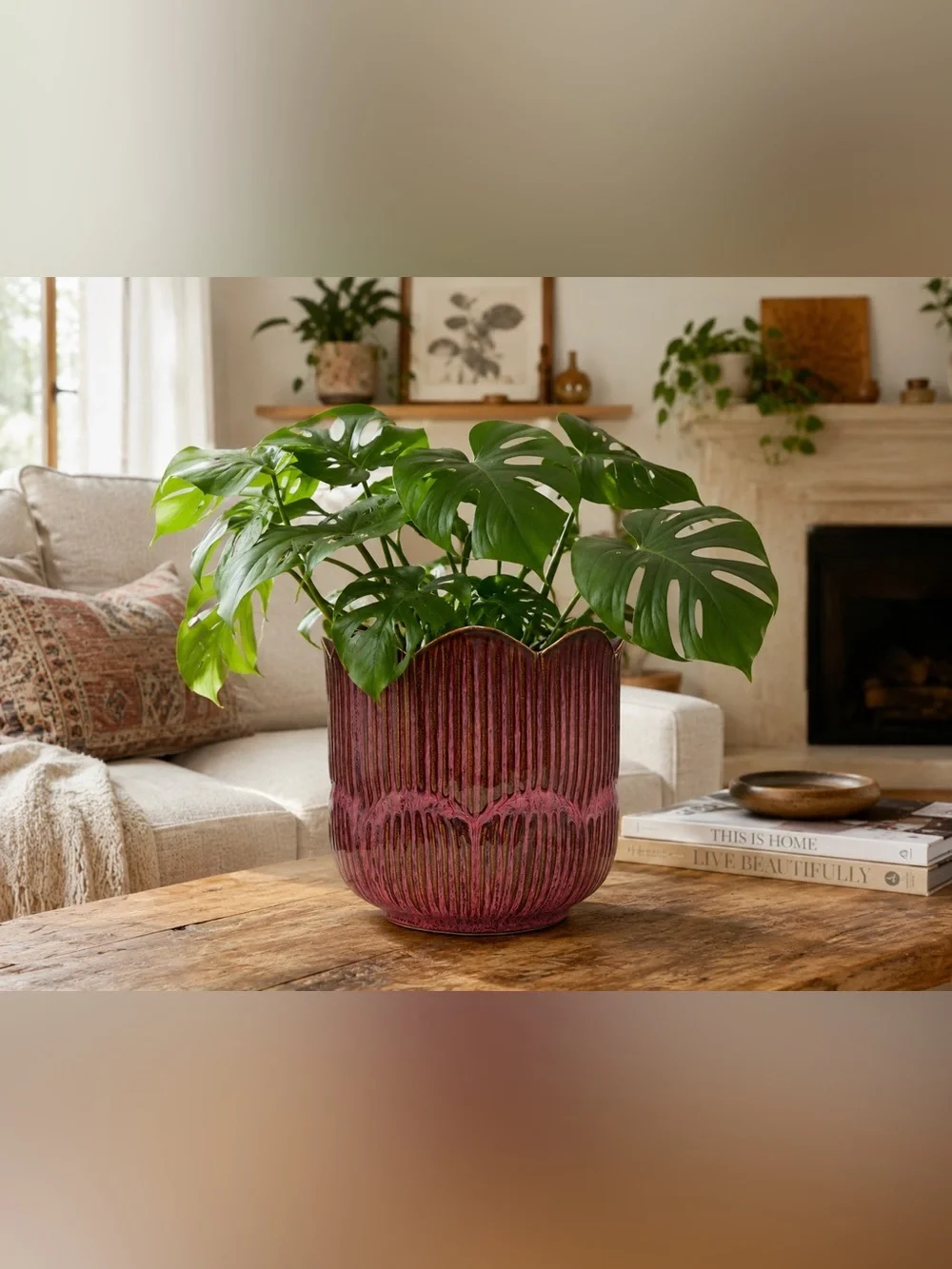 Ceramic Plant Pot with Drainage, 7 Inch Fluted Flower Planter, Pink Brown Glazed